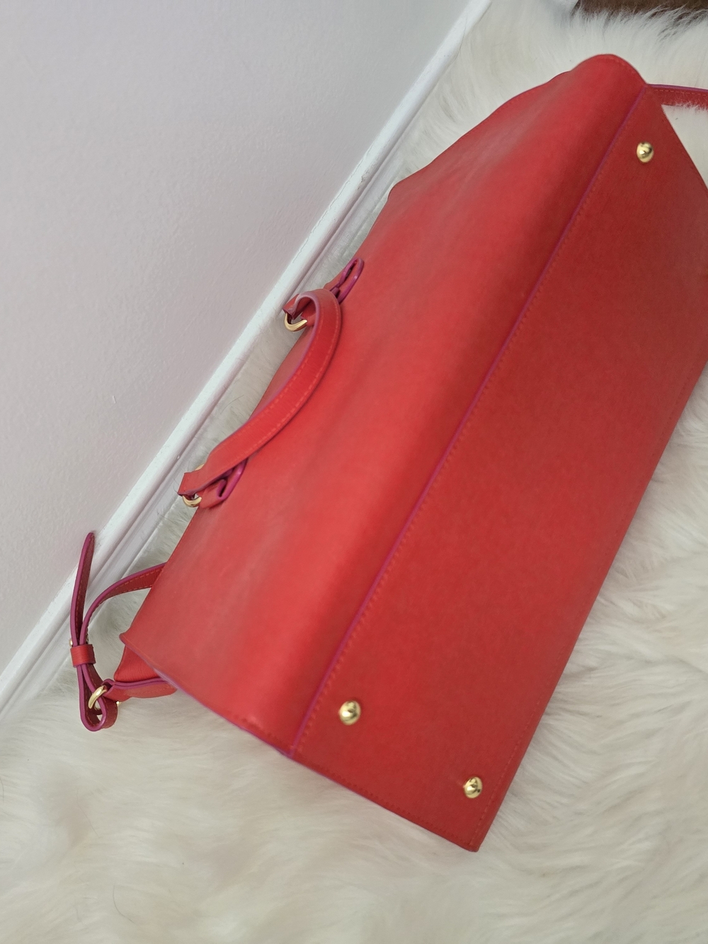 Lauren Ralph Lauren Leather Satchel Crossbody Coral Red Gold Hardware - Picture 7 of 11